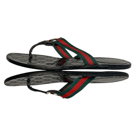 Gucci GG Web Stripe Thong Sandals EU 37.5 US 7.5 Black Flip Flop Slide Flat Heel - Picture 5 of 12